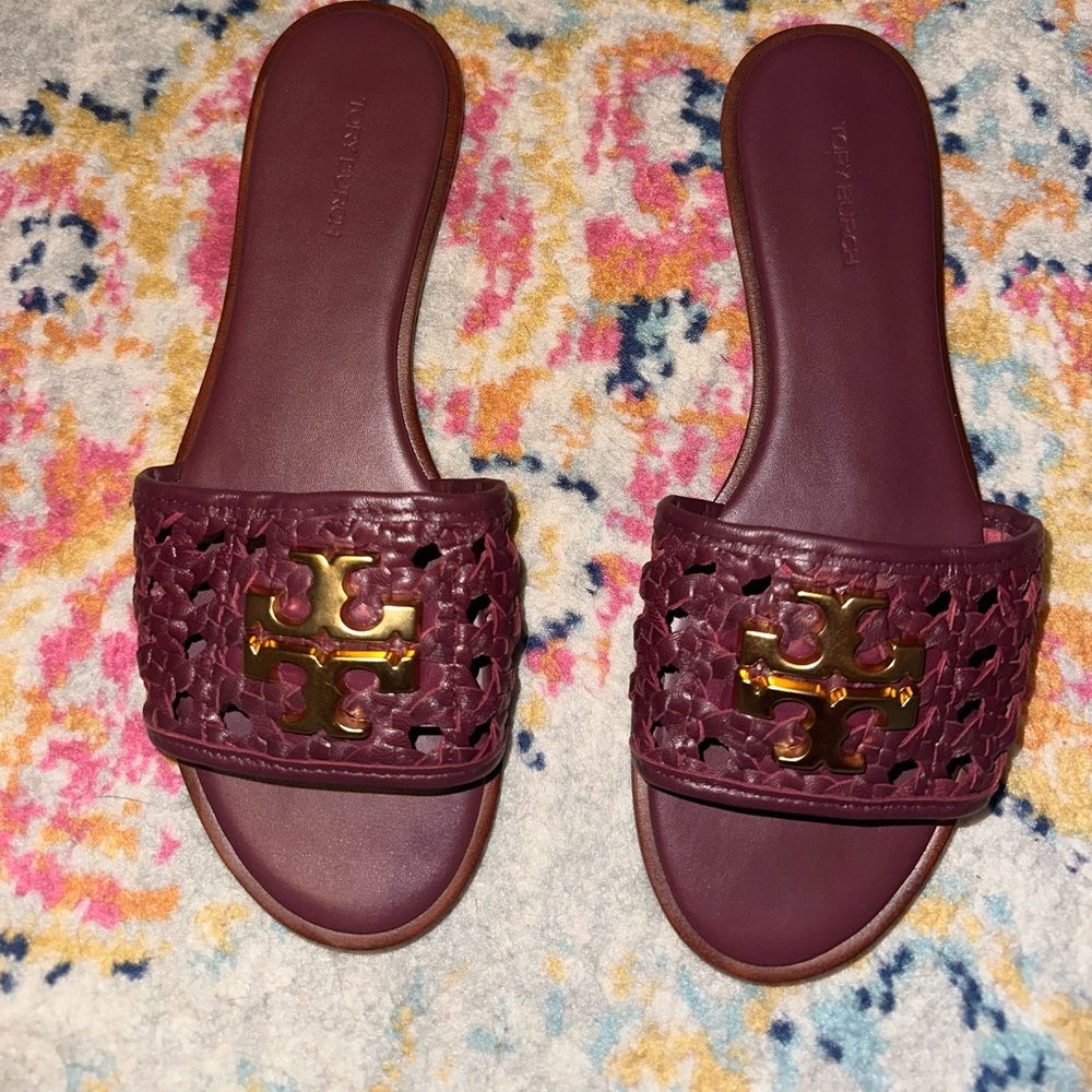 Tory Burch Burgundy Sandals with Gold Logo